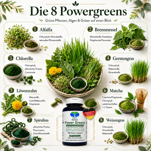 Green Power Greens 8x Chlorophyll Supergreens 720 (4x180) Kapseln Alfalfa Brennnessel Chlorella Gerstengras Löwenzahn Matcha Spirulina Weizengras. Natur pur. Ohne Zusatzstoffe ►3 + 1 Dose GRATIS Angebot.