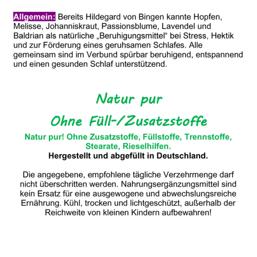 BERUHIGUNG Pur 120 Anti Stress KRÄUTER Kapseln für innere RUHE & ENTSPANNUNG für HEKTIKER. Baldrian Hopfen Melisse Lavendel Johanniskraut Passionsblume. Natürliches BERUHIGUNGSMITTEL [ohne ZUSATZSTOFFE].