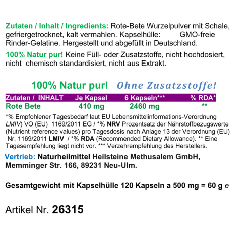Rote Bete, Rote Beete 120 Pulver Kapseln