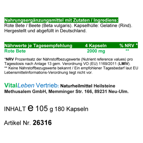 Rote Bete, Rote Beete 180 Pulver Kapseln