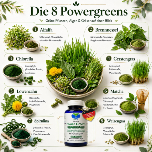 Green Power Greens 8x Chlorophyll Supergreens 120 Pulver Kapseln Alfalfa Brennnessel Chlorella Gerstengras Löwenzahn Matcha Spirulina Weizengras. Natur pur. Ohne Zusatzstoffe.