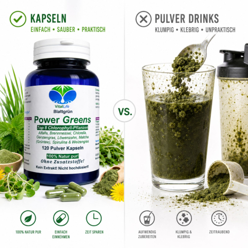 Green Power Greens 8x Chlorophyll Supergreens 120 Pulver Kapseln Alfalfa Brennnessel Chlorella Gerstengras Löwenzahn Matcha Spirulina Weizengras. Natur pur. Ohne Zusatzstoffe.