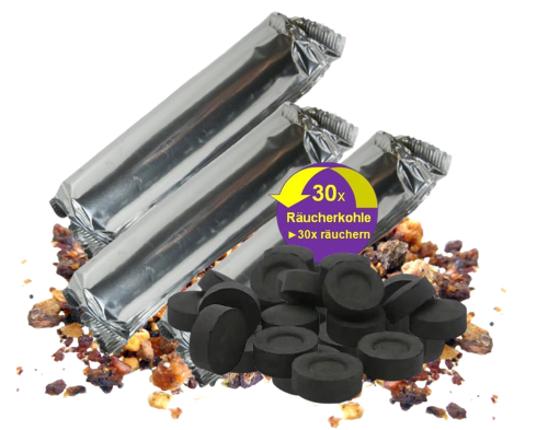 Räuchern für Anfänger 10-tlg STARTERSET mit Weihrauch, Myrrhe, Räucherkelch, Räucherzange, Räucherkohle, Räucherzubehör, Räucheranleitung, Täschchen.