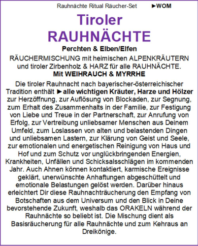 Rauhnächte räuchern TIROLER RAUHNACHT 10-tlg Räucherset 4x Räuchermischungen, REINE HARZE, 20-Alpenkräuter, 20x Räucherkohle, Anleitung, Zubehör, Rauhnachtfibel, Täschchen.