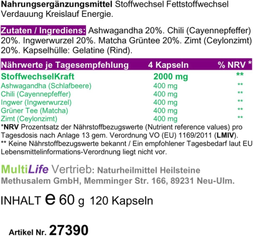 STOFFWECHSEL anregen, beschleunigen 120 Kapseln TOP-5 Komplex: Chili, Ingwer, Grüntee, Zimt, Ashwagandha.