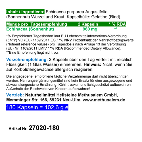 ECHINACEA purpurea 180 Kapseln PURPUR SONNENHUT ImmunFitKraut & Nerven ADAPTOGEN - Immunsystem-Abwehrkräfte Komplex - SEELISCHE Entspannung.