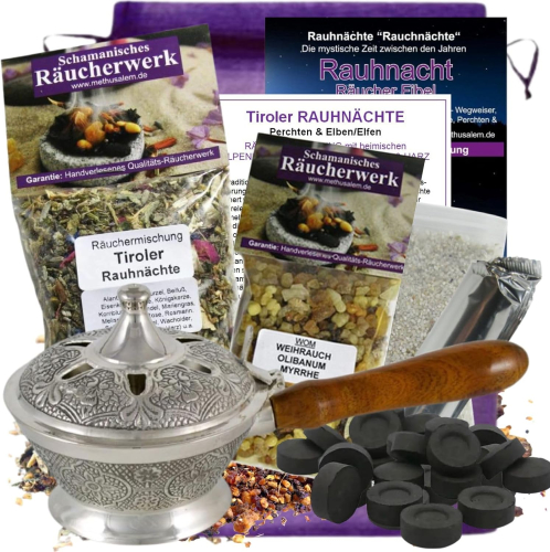 RAUHNÄCHTE räuchern 9-TLG Räucher-Set Tiroler RAUHNACHT Messing Räucherpfanne Silber, 2X Räuchermischung, WEIHRAUCH, MYRRHE, Anleitung, ZUBEHÖR.