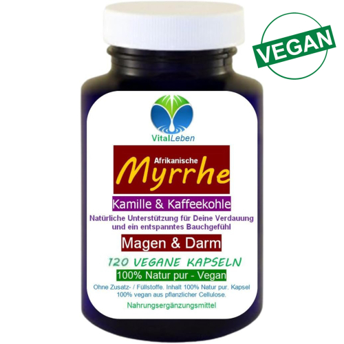 Myrrhe Kamille Kaffeekohle VEGAN 120 Kapseln für Verdauung, Magen-Darm-Balance. Pflanzlich, ohne Zusatzstoffe.