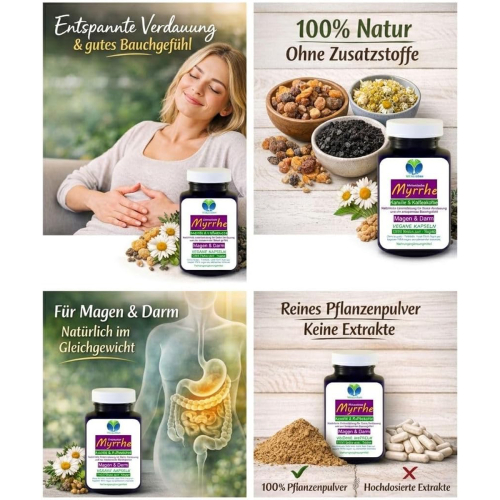 Myrrhe Kamille Kaffeekohle VEGAN 180 Kapseln für Verdauung, Magen-Darm-Balance. Pflanzlich, ohne Zusatzstoffe.