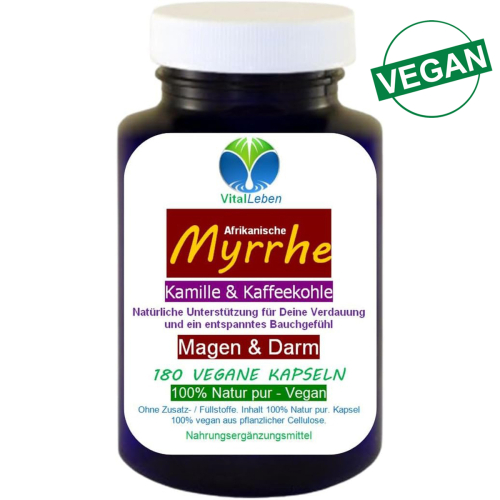 Myrrhe Kamille Kaffeekohle VEGAN 180 Kapseln für Verdauung, Magen-Darm-Balance. Pflanzlich, ohne Zusatzstoffe.