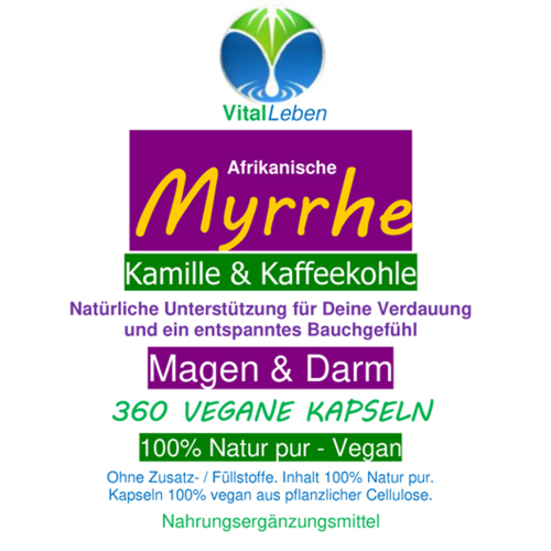 Myrrhe Kamille Kaffeekohle VEGAN 360 Kapseln für Verdauung, Magen-Darm-Balance. Pflanzlich, ohne Zusatzstoffe.