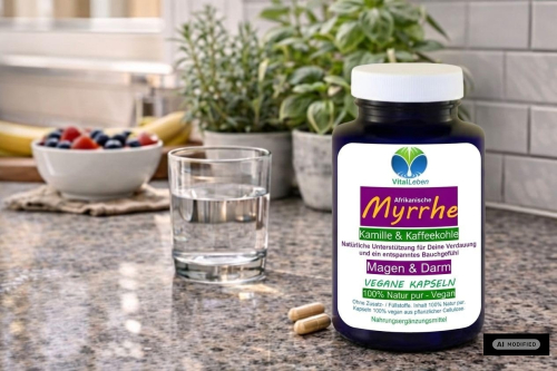 Myrrhe Kamille Kaffeekohle VEGAN 360 Kapseln für Verdauung, Magen-Darm-Balance. Pflanzlich, ohne Zusatzstoffe.