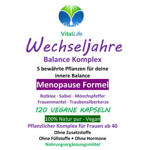 Wechseljahre Komplex VEGAN 120 Kapseln, Menopause Formel, Hormon Balance für Frauen ab 40