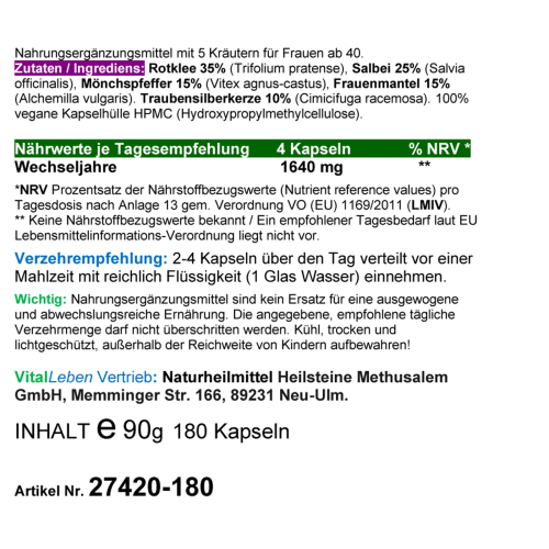 Wechseljahre Komplex VEGAN 720 Kapseln, Menopause Formel, Hormon Balance für Frauen ab 40