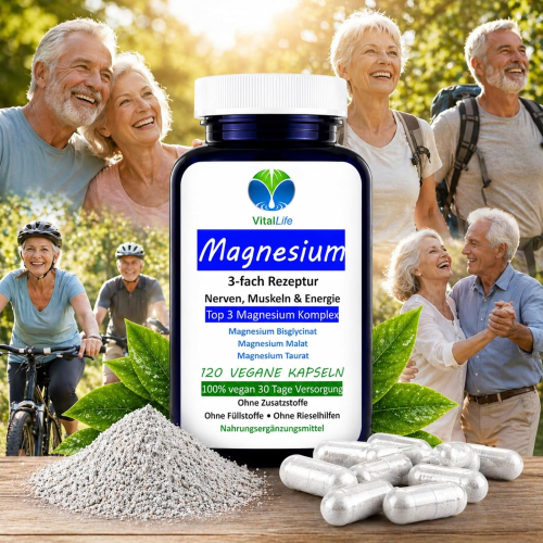 Magnesium Top 3-fach KOMPLEX rein organisch 120 Pulver Kapseln vegetarisch ohne Zusatzstoffe.