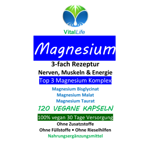 Magnesium Top 3-fach KOMPLEX rein organisch 120 Pulver Kapseln vegetarisch ohne Zusatzstoffe.