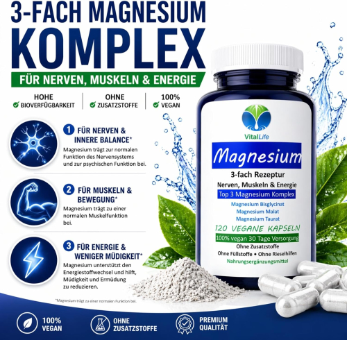 Magnesium Top 3-fach KOMPLEX rein organisch 120 Pulver Kapseln vegetarisch ohne Zusatzstoffe.