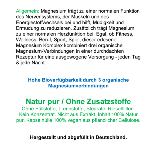 Magnesium Top 3-fach KOMPLEX rein organisch 120 Pulver Kapseln vegetarisch ohne Zusatzstoffe.
