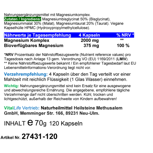 Magnesium Top 3-fach KOMPLEX rein organisch 120 Pulver Kapseln vegetarisch ohne Zusatzstoffe.