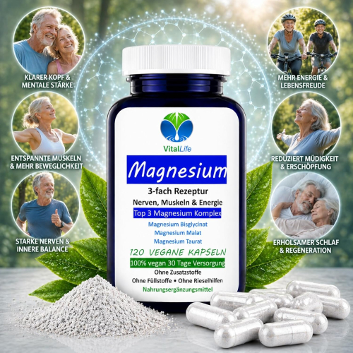Magnesium Top 3-fach KOMPLEX rein organisch 120 Pulver Kapseln vegetarisch ohne Zusatzstoffe.