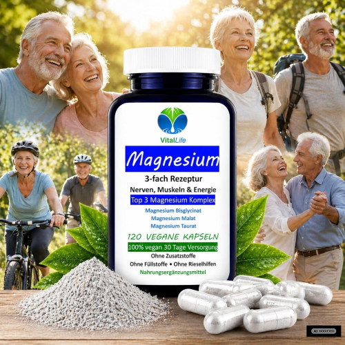 Magnesium Top 3-fach KOMPLEX rein organisch 120 Pulver Kapseln vegetarisch ohne Zusatzstoffe.