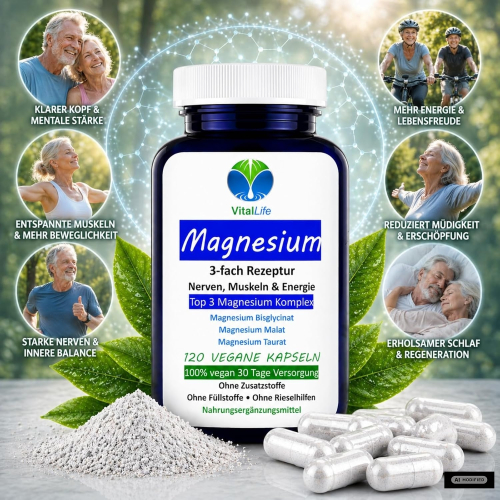Magnesium Top 3-fach KOMPLEX rein organisch 120 Pulver Kapseln vegetarisch ohne Zusatzstoffe.