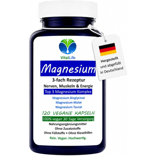 Magnesium Top 3-fach KOMPLEX rein organisch 120 Pulver Kapseln vegetarisch ohne Zusatzstoffe.