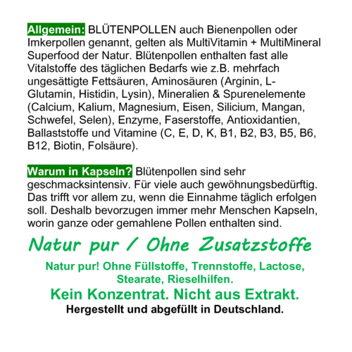 BLÜTENPOLLEN - GANZE Bienenpollen 180 Bee Pollen Kapseln Multi-Vitamin & Multi-Mineral NATURAL SUPERFOOD - OHNE ZUSATZSTOFFE [Imkerqualität]