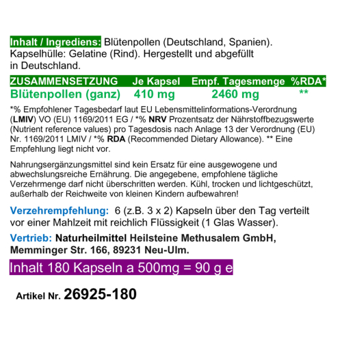 BLÜTENPOLLEN - GANZE Bienenpollen 180 Bee Pollen Kapseln Multi-Vitamin & Multi-Mineral NATURAL SUPERFOOD - OHNE ZUSATZSTOFFE [Imkerqualität]