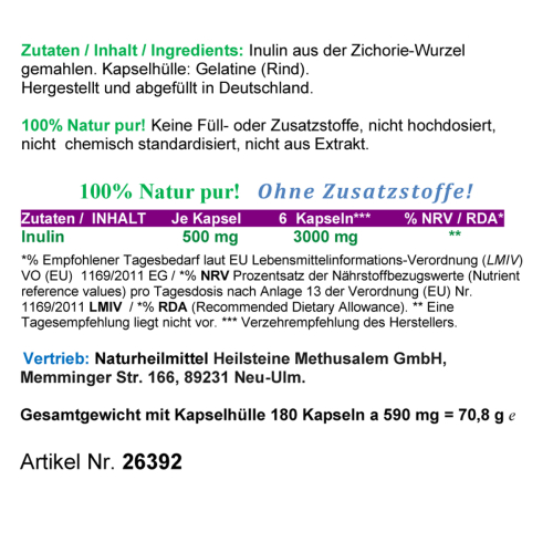 Inulin aus der Zichorie-Wurzel 180 Pulver Kapseln