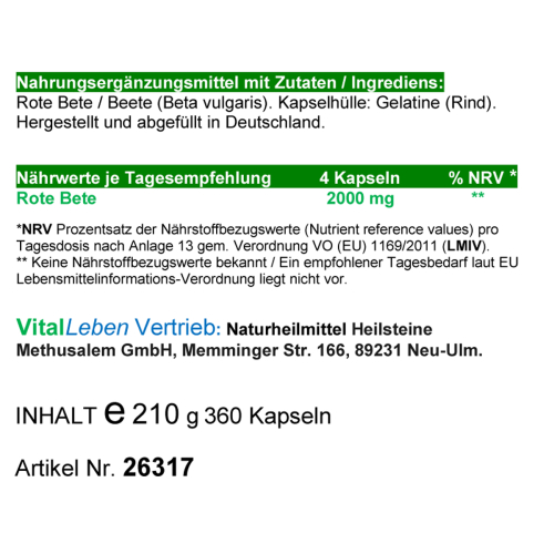 Rote Bete, Rote Beete 360 Pulver Kapseln