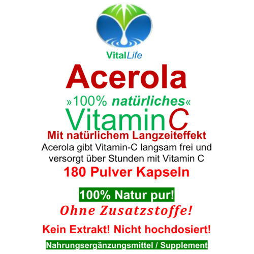 Acerola Kirsche 100% NATÜRLICHES VITAMIN C 180 Pulver Kapseln - NATUR pur!