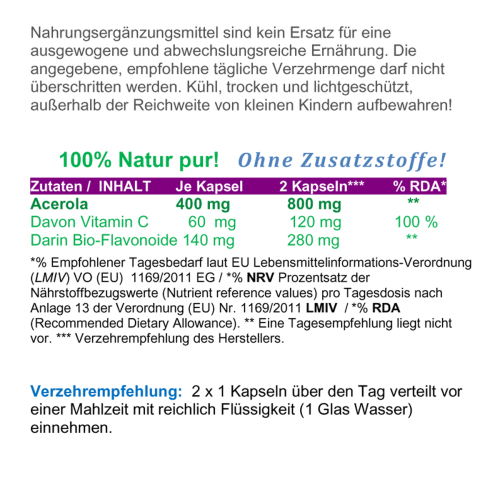 Acerola Kirsche 100% NATÜRLICHES VITAMIN C 180 Pulver Kapseln - NATUR pur!