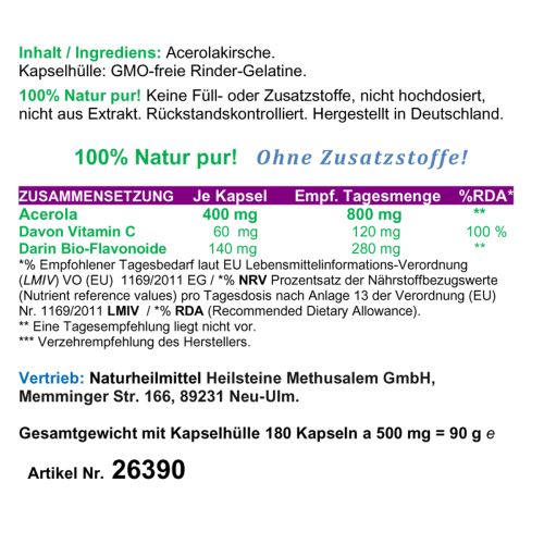 Acerola Kirsche 100% NATÜRLICHES VITAMIN C 180 Pulver Kapseln - NATUR pur!