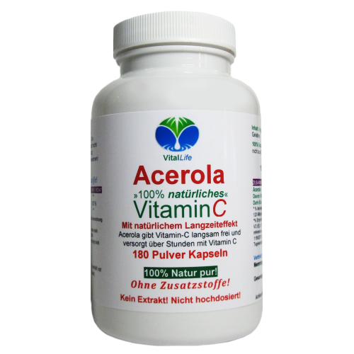 ACEROLA natürliches Vitamin C rein natürlich 180 Kapseln - NATÜRLICHER Langzeiteffekt. Hohe Bioverfügbarkeit. NICHT aus EXTRAKT. NATUR pur. OHNE Zusatzstoffe.