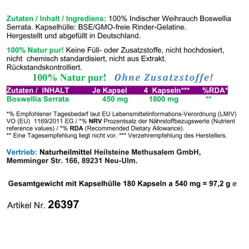 Weihrauch 180 Kapseln Indischer Boswellia Serrata - OHNE ZUSATZSTOFFE.