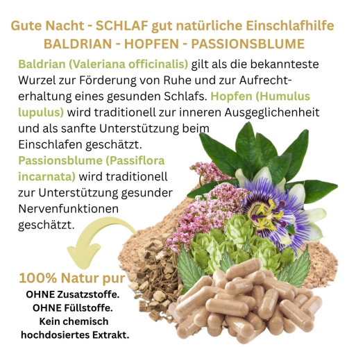Gute Nacht SCHLAF gut natürliche Einschlafhilfe 120 Kapseln - BALDRIAN HOPFEN PASSIONSBLUME - besser schlafen einschlafen durchschlafen gesunde erholsame Nachtruhe. OHNE Zusatzstoffe.