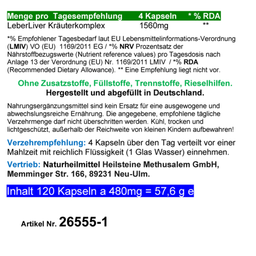 Leber Liver Bitterstoffe & Bitterkräuter Komplex 120 Kapseln 16 Leberkräuter NATUR pur Keine Extrakte OHNE ZUSATZSTOFFE.