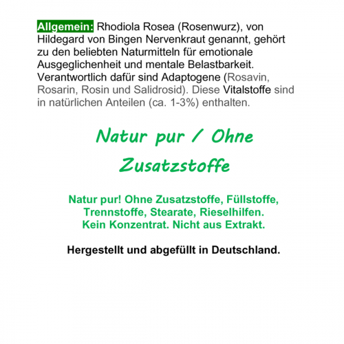 RHODIOLA Rosea ROSENWURZ [ANTI STRESS ADAPTOGEN] 120 Kapseln [NATUR pur] Daily Stress Support - Rosavin & Salidrosid = agil & ausgeglichen [OHNE ZUSATZSTOFFE]