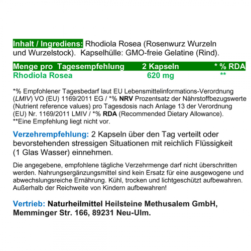 RHODIOLA Rosea ROSENWURZ [ANTI STRESS ADAPTOGEN] 120 Kapseln [NATUR pur] Daily Stress Support - Rosavin & Salidrosid = agil & ausgeglichen [OHNE ZUSATZSTOFFE]