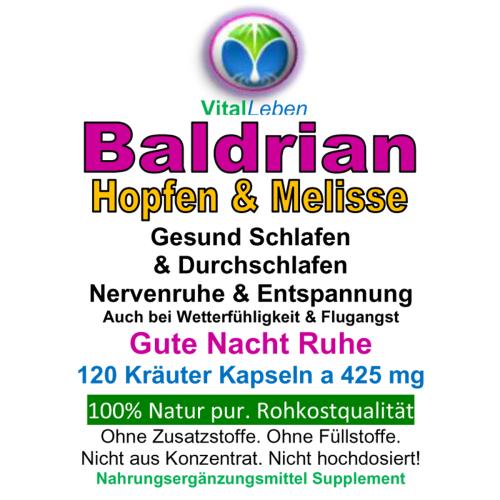 SCHLAF GUT 120 Gute NACHT Kapseln 100% NATUR pur - BALDRIAN + HOPFEN + MELISSE - Nerven beruhigen - entspannen - gesund schlafen [ohne ZUSATZSTOFFE]