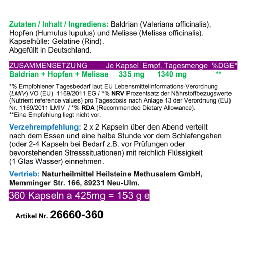 SCHLAF GUT 360 Gute NACHT Kapseln 100% NATUR pur - BALDRIAN + HOPFEN + MELISSE - Nerven beruhigen - entspannen - gesund schlafen [ohne ZUSATZSTOFFE]