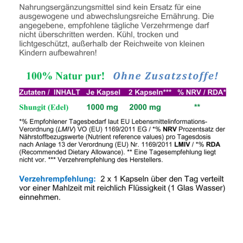 Shungit Edel Schungit aus Karelien 180 Pulver Kapseln