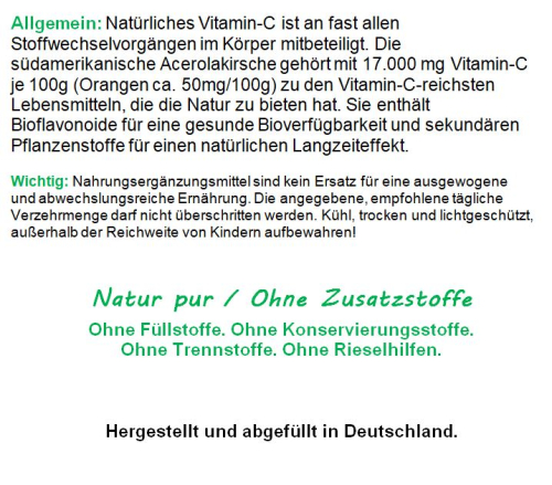 ACEROLA natürliches Vitamin C rein natürlich 120 Kapseln - NATÜRLICHER Langzeiteffekt. Hohe Bioverfügbarkeit. NICHT aus EXTRAKT. NATUR pur. OHNE Zusatzstoffe.
