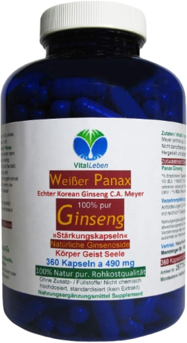 KOREA weißer PANAX GINSENG C.A. Meyer 360 Pulver Kapseln. OHNE ZUSATZSTOFFE 100 % Natur pur ca. 20 % Ginsenoside. Traditionell geschätzt für Vitalität, Fokus & Ausdauer.