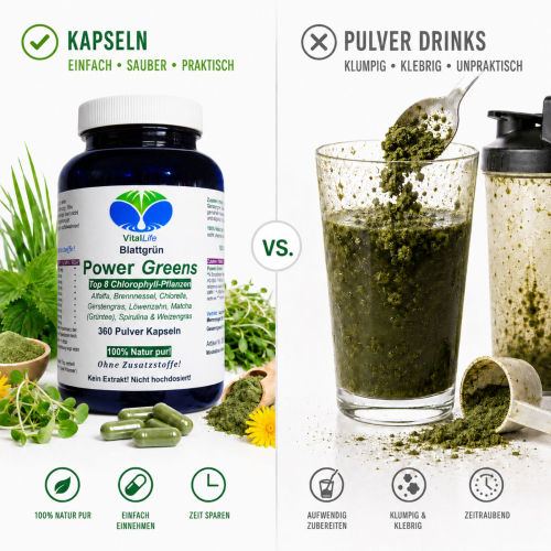 Green Power Greens 8x Chlorophyll Supergreens 360 Pulver Kapseln Alfalfa Brennnessel Chlorella Gerstengras Löwenzahn Matcha Spirulina Weizengras. Natur pur. Ohne Zusatzstoffe.
