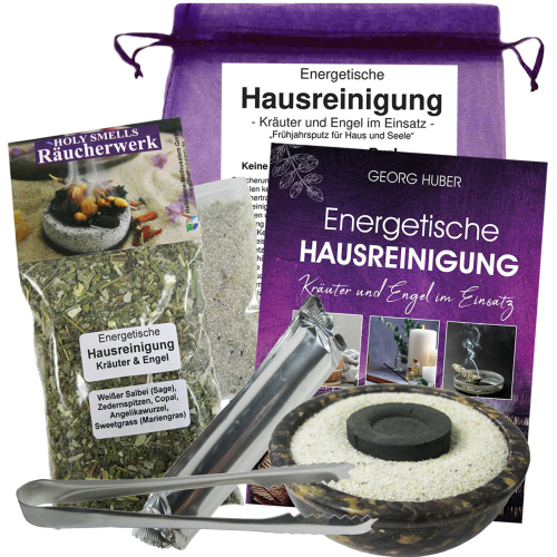Energetische Hausreinigung Kräuter & Engel Räuchern 7 teiliges Set mit schwarzer Schale
