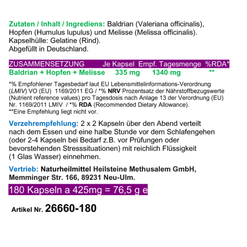 SCHLAF GUT 720 (4x180) Gute NACHT Kapseln 100% NATUR pur - BALDRIAN + HOPFEN + MELISSE - Nerven beruhigen - entspannen - gesund schlafen [ohne ZUSATZSTOFFE] ►3 + 1 Dose GRATIS!