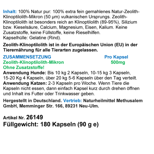 Zeolith Klinoptilolith für Haustiere 180 Pulver Kapseln