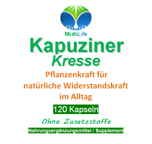 Kapuzinerkresse (Gesundheitspflanze des Jahres 2013) enthält Senföle Isothiocyanate, Senfölglykoside, Glucosinolate, die über antibiotische, desinfizierende und keimhemmende Eigenschaften verfügen und helfen können z.B. Keimen, Bakterien, Viren und Cand